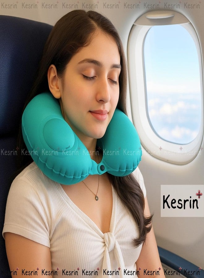 KESRINPLUS Kesrin+ Soft Inflatable Travel Pillow for Airplane - U Shaped Neck Pillow for Sleeping & Travelling, Press to Inflate, Portable Soft Fabric Travel Pillow for Flight, Car, Train, Bus & Office Nap - Image 3